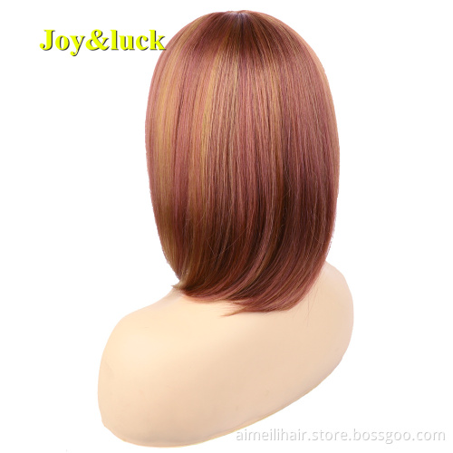 Women's Wholesale Wig With Bangs Cosplay Brown Highlight Golden Blonde Natural Straight Short Bob Cut Wig Synthetic Hair Wigs